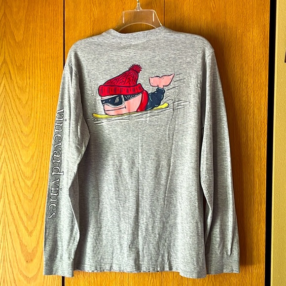 Vineyard Vines SMALL cotton LS Whale pocket tee snowboard winter scene gray EUC - Picture 1 of 7